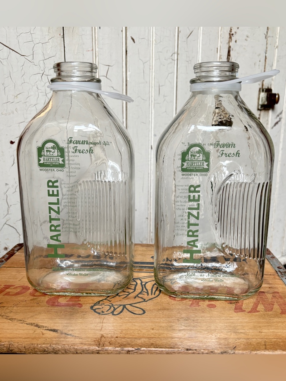 Vintage Lot Of 2 Large Dairy Glass Milk Bottles Half Gallon Hartzler